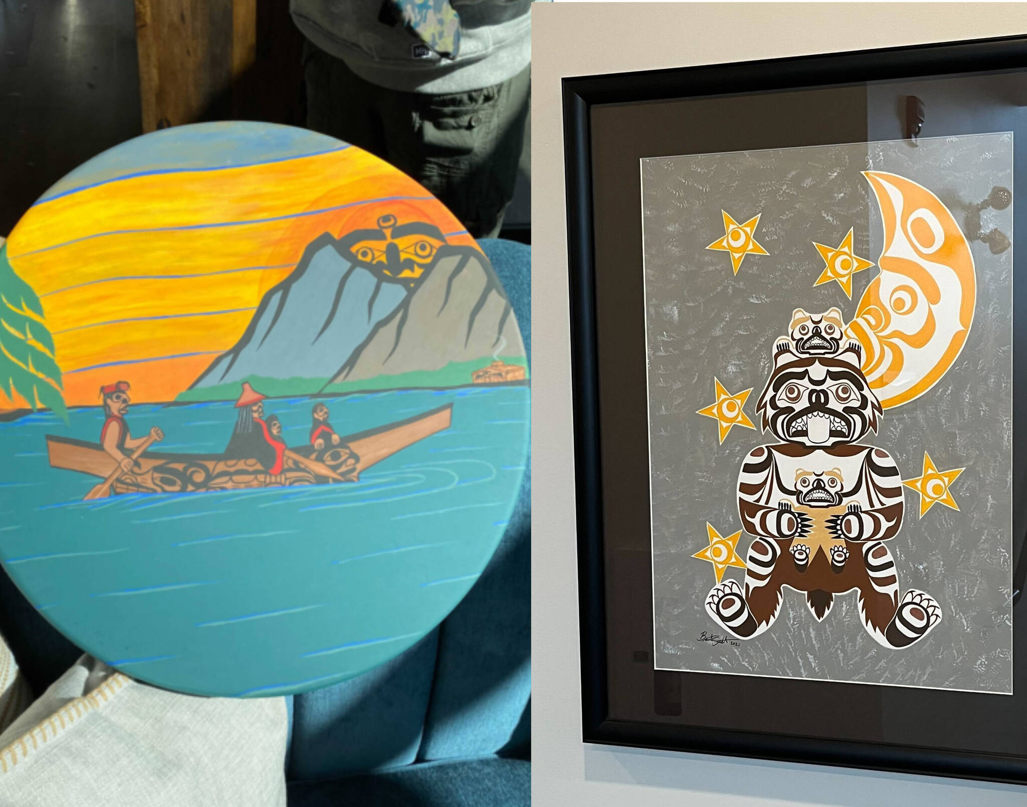 Two pieces, a drum painted by Greg Henderson and a grizzly print created by Brent J. Smith were stolen from a local charity in Campbell River over the Victoria Day long weekend. Photo courtesy Campbell River RCMP