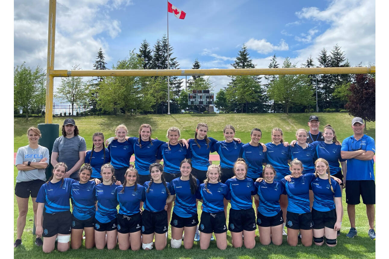 The Isfeld Ice 2022 rugby team won silver at the BC high school rugby championships in Abbotsford. Pictured, right to left; back row - Mimi Appelbe, Patrick Parisi, Aislyn Seib, Larissa Spain, Shayla Stigant, Emma Grootendorst, Katie Hartig, Ava Perkins, Teresa Pianigiani, Sara Banks, Jessica Postle, Andrew Stigant, Sienna Stigant, Geoff Postle. Front Row-Jolene Murphy, Hanna Langhelt, Annika Newman, Sarah Messsana, Adriana Pastor, Olivia Jean, Ella Trentini, Keira Trevor, Anna Purich, Alex Vinzenz, Ella Wilson