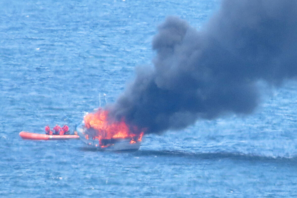 Trim, a longtime Ucluetian vessel went down in flames near Qualicum on May 23. Both men aboard the vessel escaped safely thanks to the RCM-SAR Station 59 Deep Bay crew. (Photo courtesy of Patricia Garland)