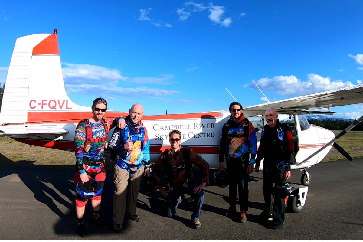 L to R: Mike Cyr (cameraman), Rob MacNeill (test jumper), Eric Coco Leocardio (pilot), Gavan Jones (Cameraman), Bob Verret (Cameraman and owner) before they take to the skies for a Flying High Manufacturing parachute container test. Contributed photo