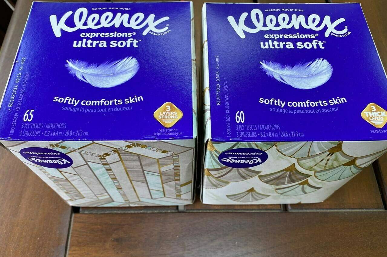 Two boxes of Kleenex tissues are displayed in Ann Arbor, Mich., on Wednesday, May 25, 2022. (AP Photo/Dee-Ann Durbin)