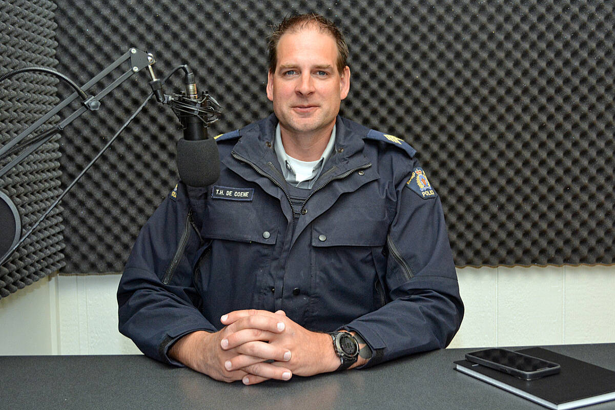 Oceanside RCMP Staff Sgt. Travis De Coene visits the PQB News/Vancouver Island Daily studios. (Peter McCully photo)