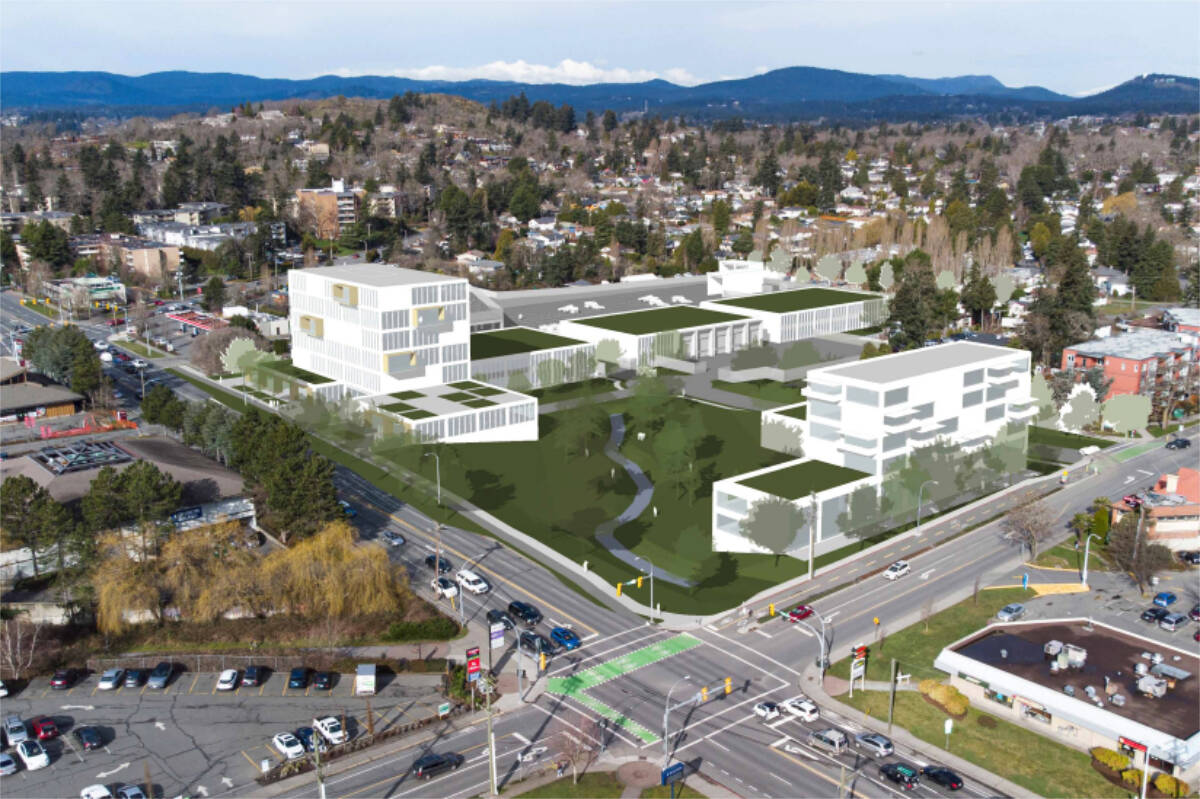 Initial rendering of a proposed redevelopment of the District of Saanich operations yard at Borden Street (lower right) and McKenzie Avenue. (Courtesy District of Saanich)