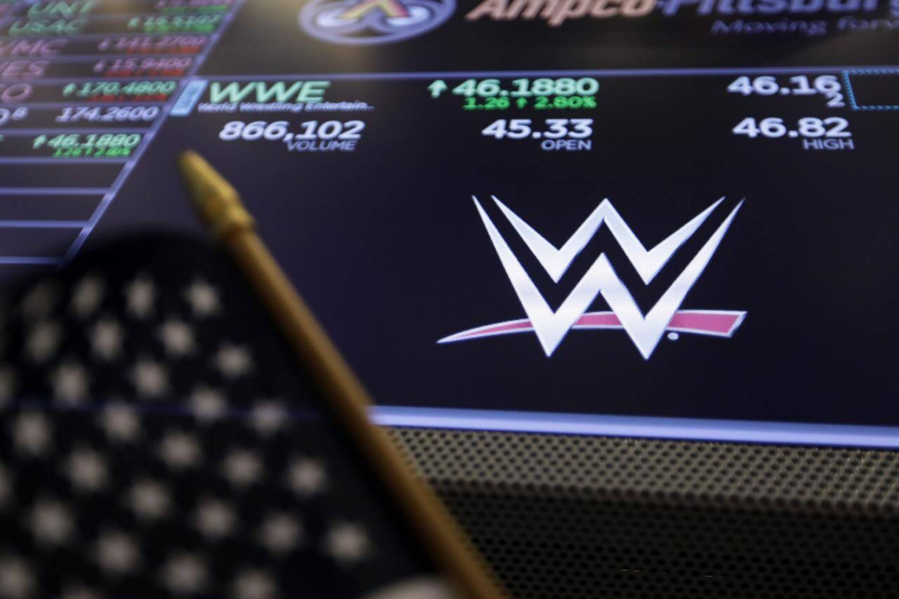 The logo for World Wrestling Entertainment, Inc., WWE, appears above a trading post on the floor of the New York Stock Exchange, Tuesday, Feb. 18, 2020. Vince McMahon is voluntarily stepping back from his roles as CEO and chairman at WWE, Friday, June 17, 2022, as the sports entertainment company performs an investigation into alleged misconduct related to a relationship with a former employee. (AP Photo/Richard Drew, File)