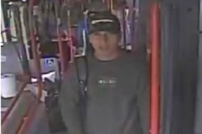 Sooke RCMP is searching for a suspect after a May 26 indecent act on a BC Transit bus. (Courtesy Greater Victoria Crime Stoppers)