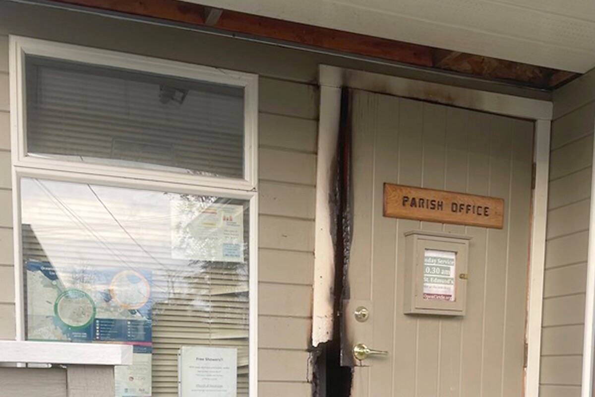 The parish Hall door at St. Anne and St. Edmund Anglican Church in Parksville was torched by someone trying to break into the premises. (Submitted photo)