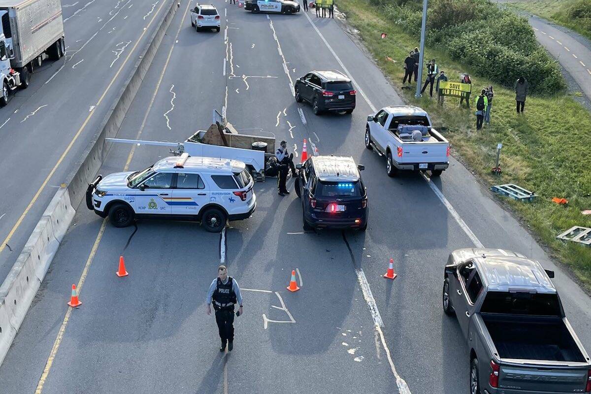 Save Old Growth demonstrators blocked the northbound Pat Bay Highway early in the morning on June 13. (Courtesy of Save Old Growth/Twitter)