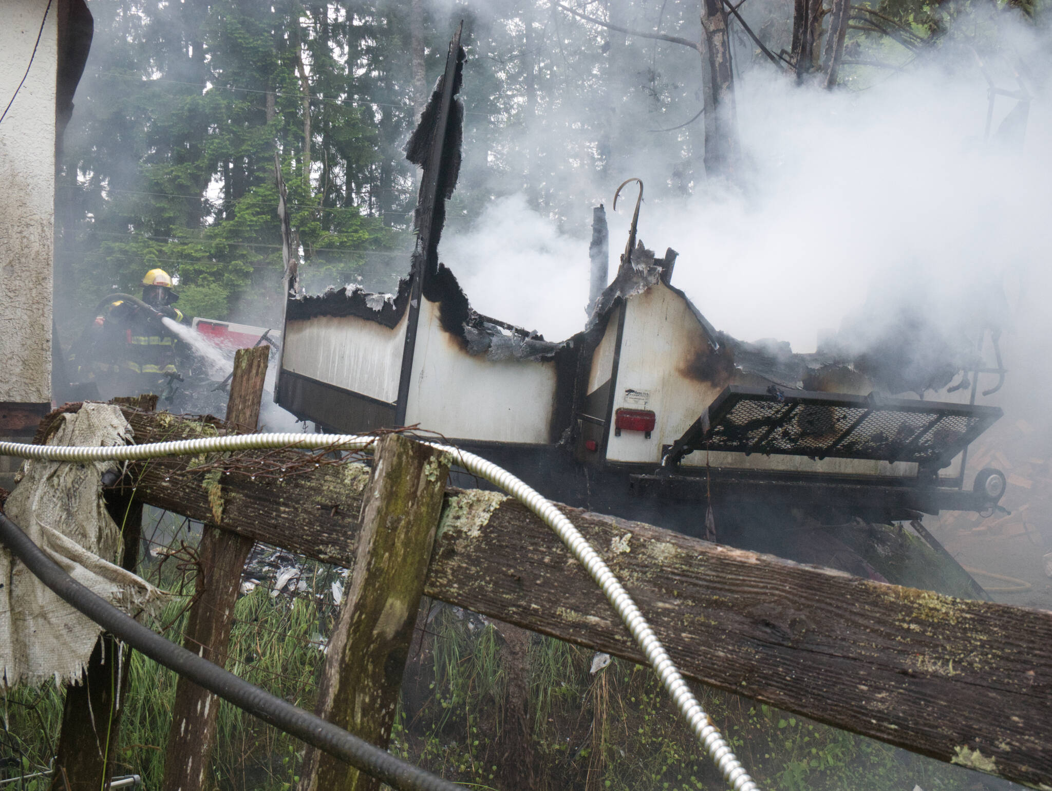 A trailer was destroyed by fire at 2747 Alberni Highway on Tuesday, June 21, 2022. (Kevin Forsyth photo)