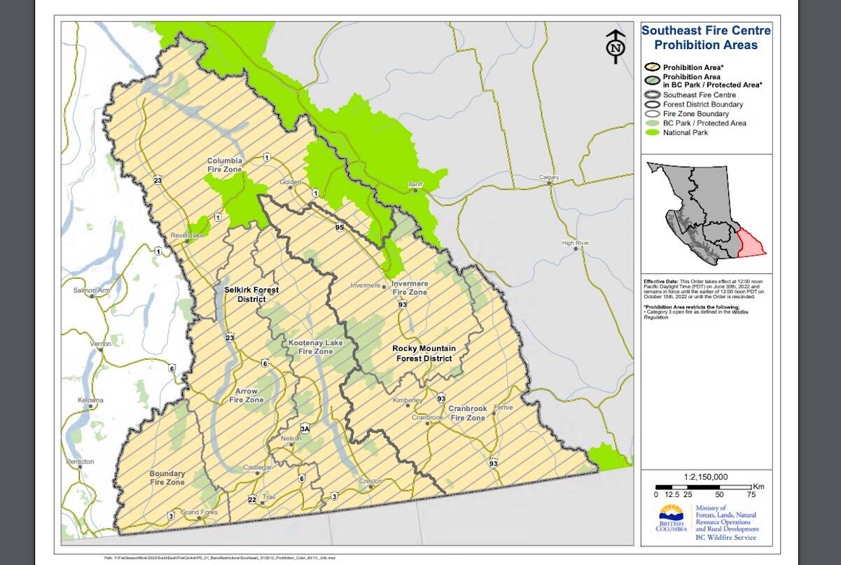 Category 3 fires are banned in the Southeast Fire Centre from noon, Thursday June 23. Campfires remain permitted. (Image courtesy of BC Wildfire)