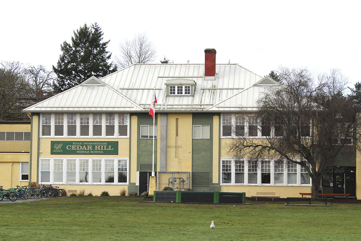 The public will have a chance to view and contribute to design plans for the new, seismically safe, Cedar Hill Middle School in Saanich on June 28. (Black Press Media file photo)