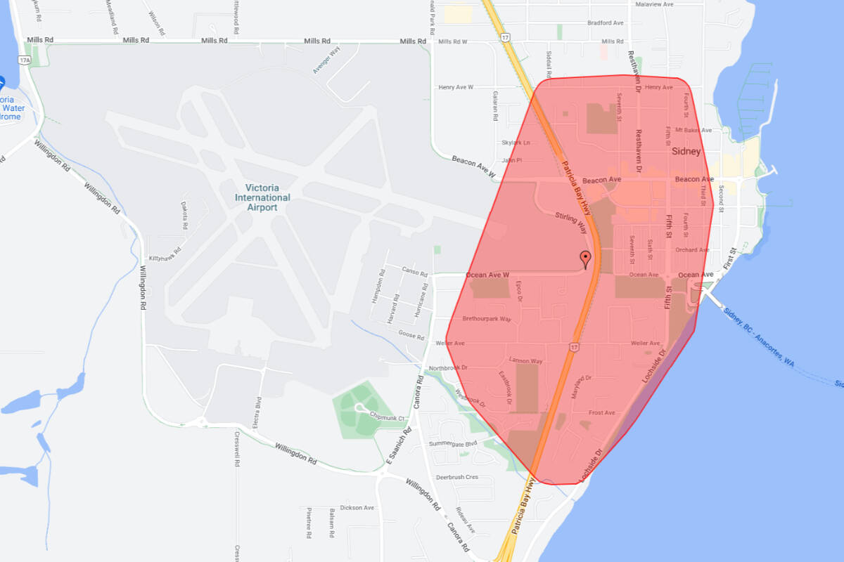 More than 1,700 residents in Sidney are without power Friday morning. (BC Hydro outage map)