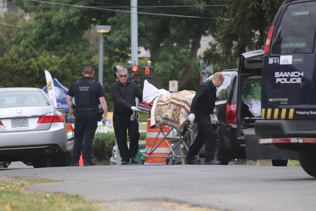 The B.C. Coroners Service was on scene Wednesday, June 29, after a Tuesday bank shooting in Saanich. (Don Descoteau/News Staff)