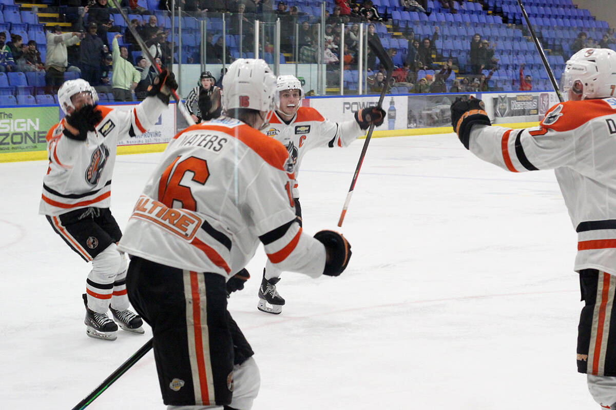 Nanaimo Clippers players celebrate a goal in a playoff game earlier this spring at Frank Crane Arena. (Black Press Media file photo)