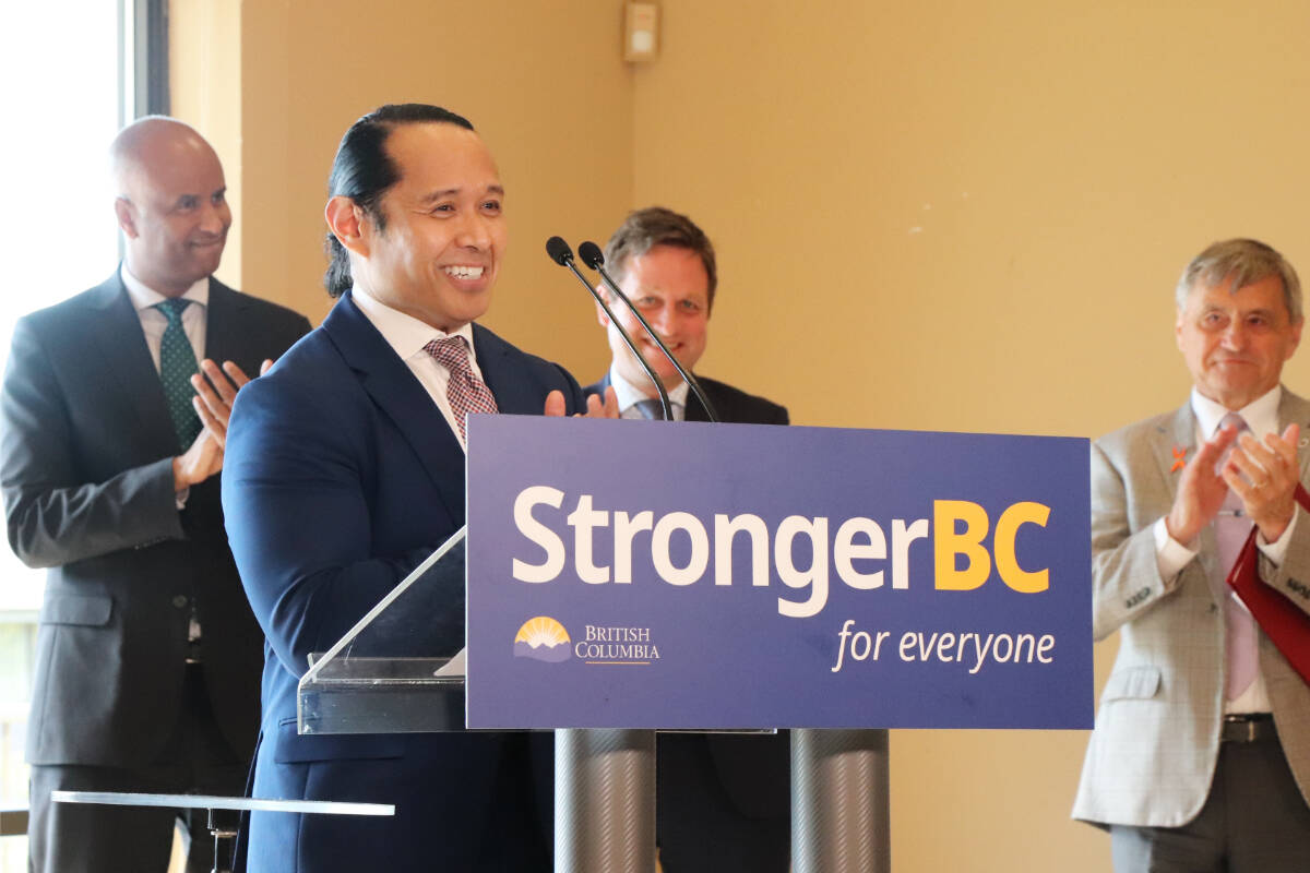 Derek Bernardo, president/CEO of Broadmead Care which operates Nigel House, speaks to the replacement building and the partnerships with other agencies in the Nigel Valley project in Saanich, during a June 30 funding announcement at the Garth Homer Centre. (Don Descoteau/News Staff)