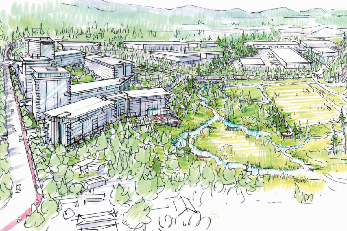 A rendering of the business park with Millstream Road and residential buildings on the left side. (Courtesy of Strand Corporation/Bastion Development Corporation)