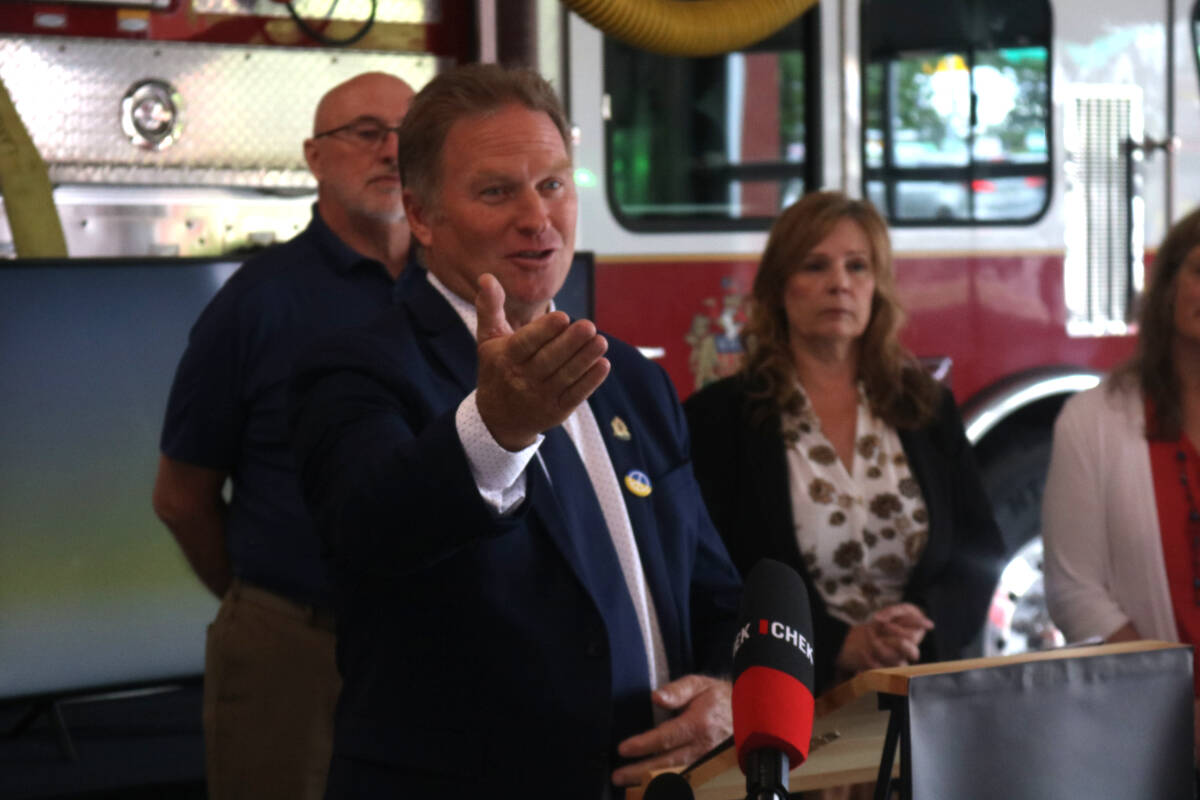 Langford Mayor Stew Young speaking at the announcement of the Ukraine trip on June 8. (Bailey Moreton/News Staff)