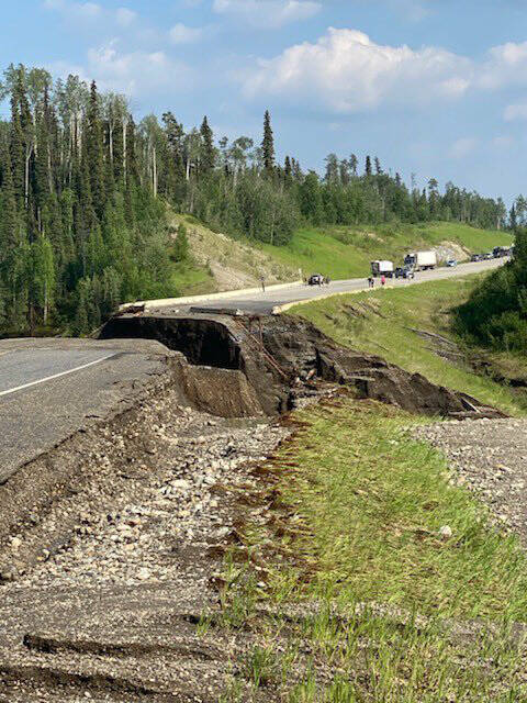 A photo from July 1 shows the damage done to the Alaska Highway by a washout near Contact Creek just south of the British Columbia/Yukon Border (Yukon Highways and Public Works/Facebook)