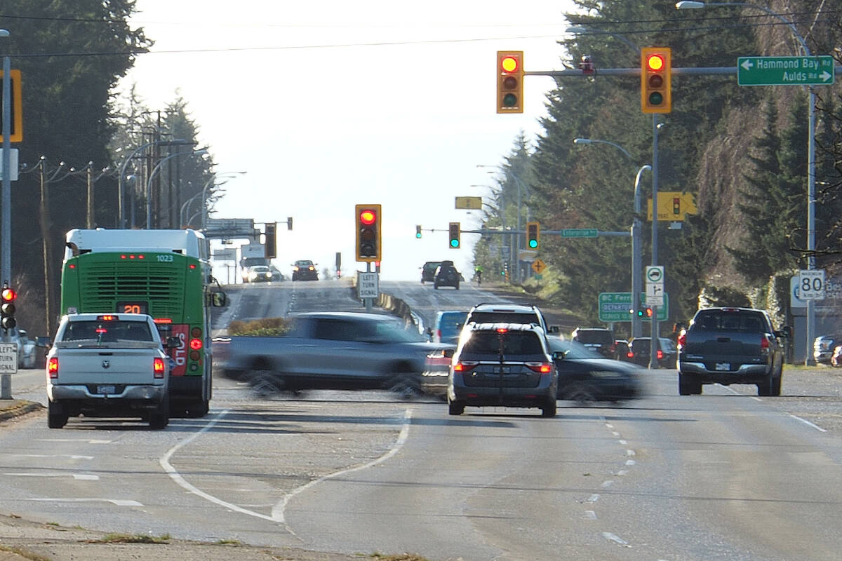 The intersection of the old Island Highway, Aulds Road and Hammond Bay Road was the site of more crashes in 2021 than any other intersection on Vancouver Island, according to ICBC statistics. (News Bulletin file photo)