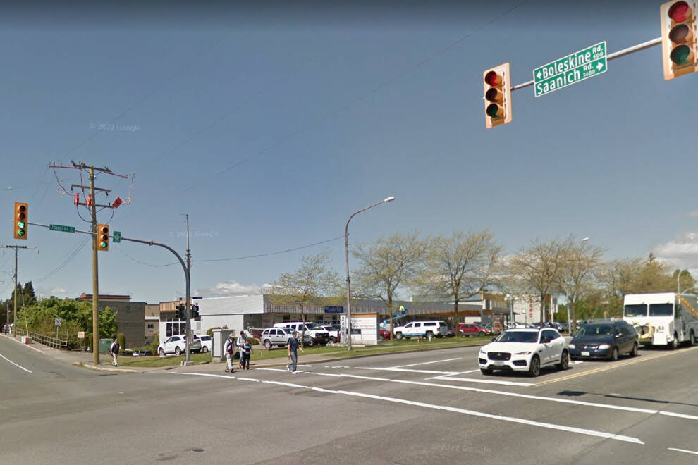 The intersection of Douglas Street and Boleskine Road/Saanich Road was the second-most frequent crash site in the region in 2021, behind only Saanich Road and Blanshard Street southbund just blocks away, according to ICBC statistics. (Google Maps)