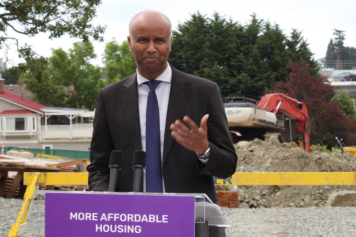 Federal Housing Minster Ahmed Hussen at a housing announcement in Esquimalt on July 6. (Jake Romphf/ News Staff)