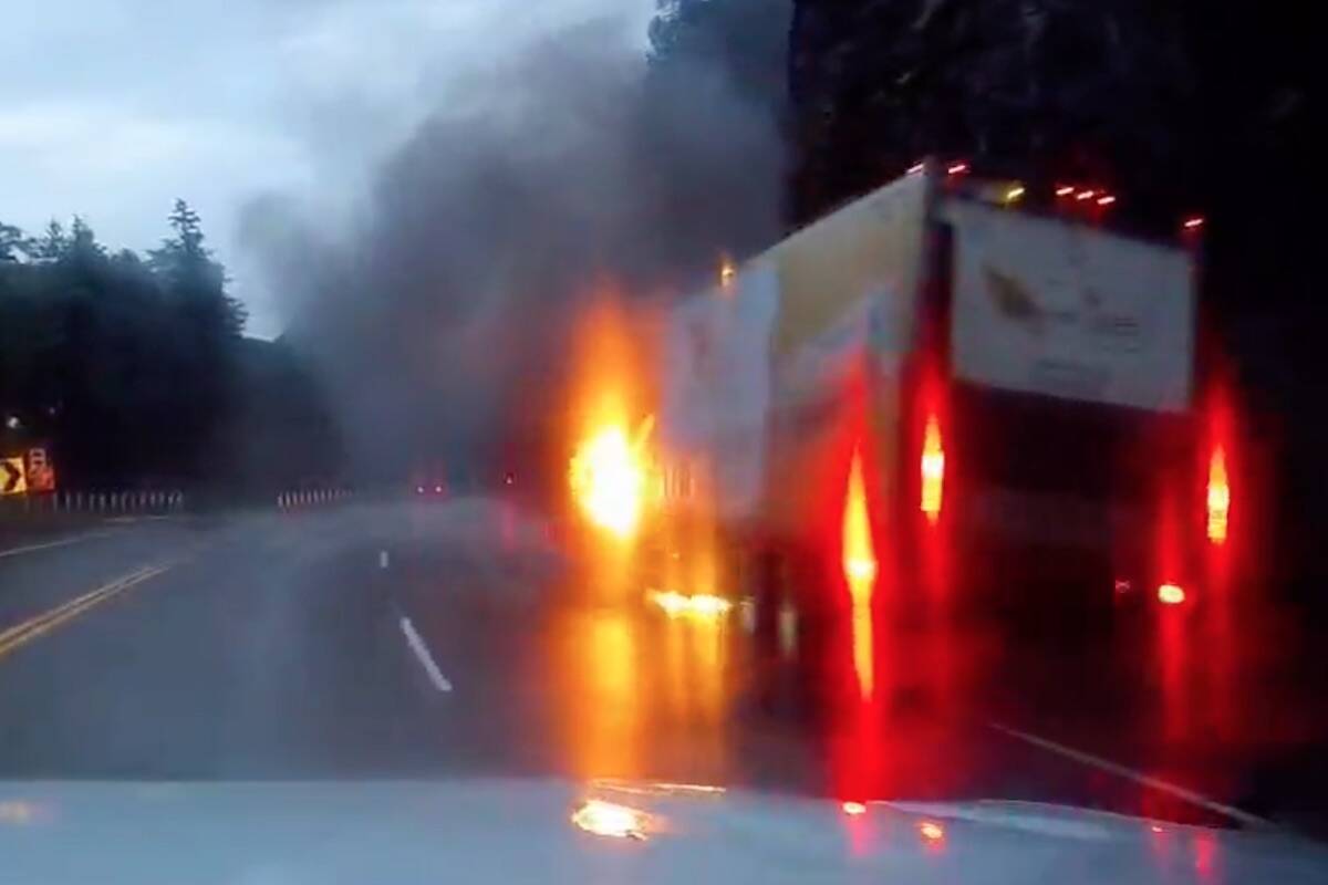 Social media photos showed this egg delivery truck ablaze on the Malahat Thursday morning. (Patrick Fisher/Twitter)