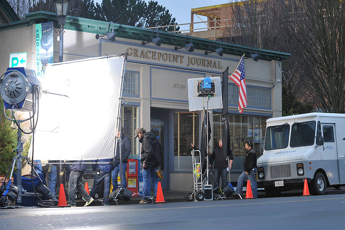 A crew filming in Oak Bay. (Black Press Media file photo)