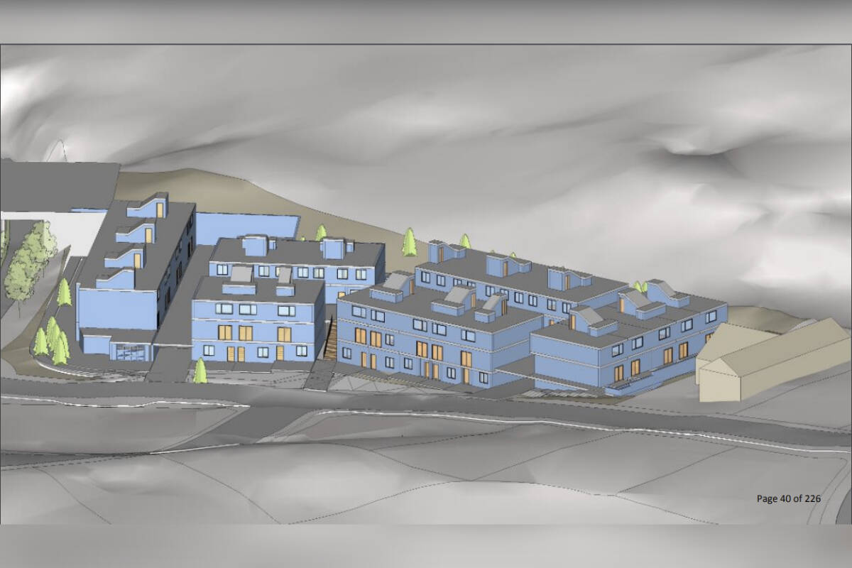 A preliminary massing diagram showing the potential size and shape, but no design elements of a proposed 29-townhome development at 2089 Champions Way on Bear Mountain. Developer 360 Pacifica is seeking a rezoning to change their plans from 150 condo units to the townhomes on the property. (Courtesy of 360 Pacifica)