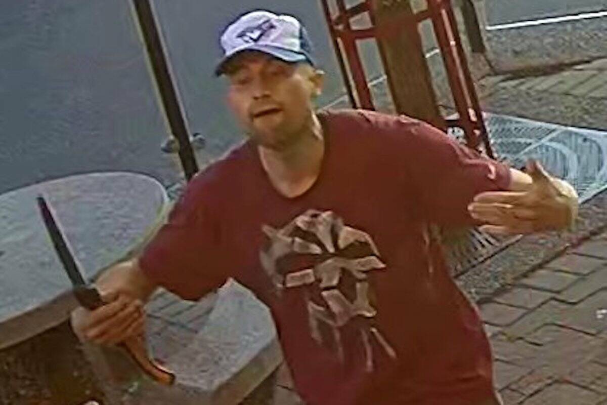 Police are looking for information on this suspect after a person was threatened with a weapon in the 3400-block of Saanich Road on June 26. (Courtesy of Greater Victoria Crime Stoppers)