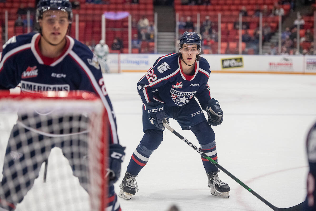 Parker Bell (right) backchecking in a game against the Seattle Thunderbirds on Nov. 5, 2021. (Photos courtesy of the Tri-City Americans/ Scott Butner)