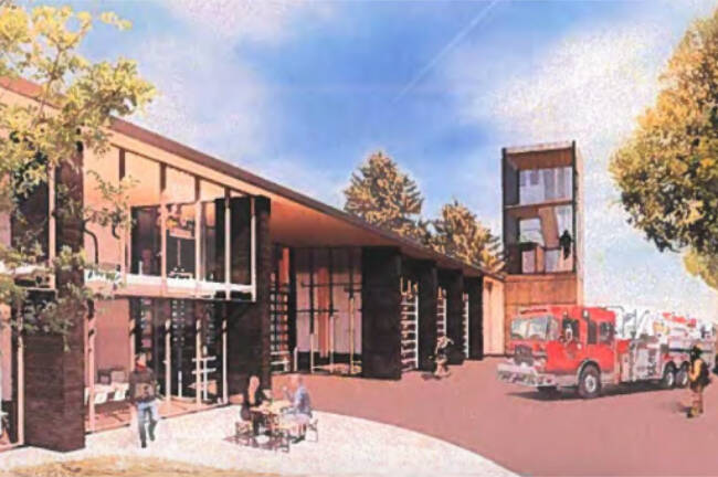Rendering shows the southwest view and rear apron of the proposed new Saanich Fire Department No. 2 station at Royal Oak and Elk Lake drives. (Courtesy District of Saanich)
