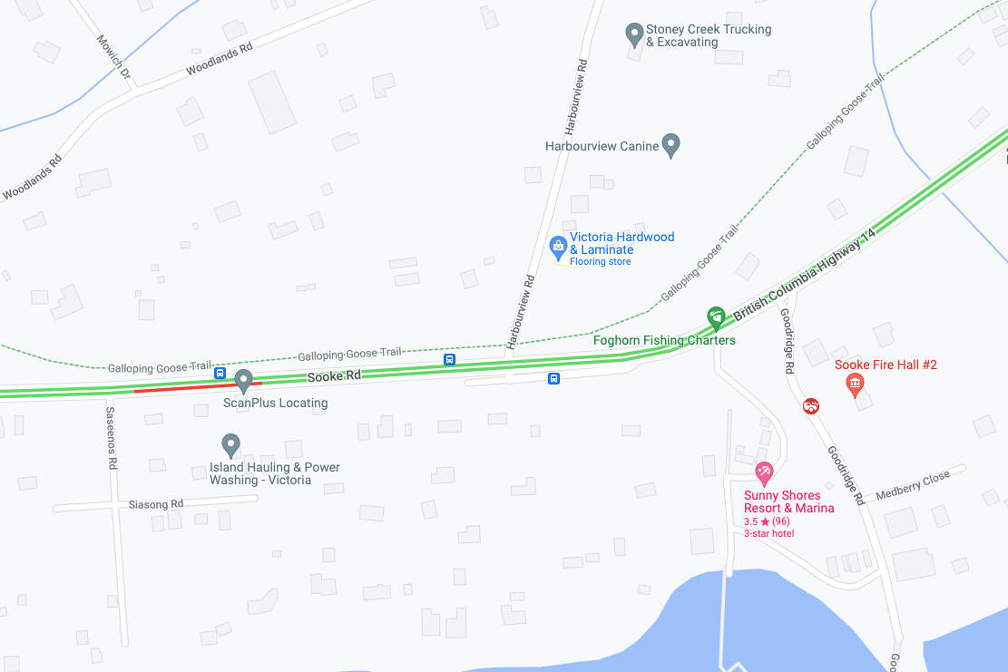 Traffic was impacted on Sooke Road after a morning crash on Thursday. (Google maps)