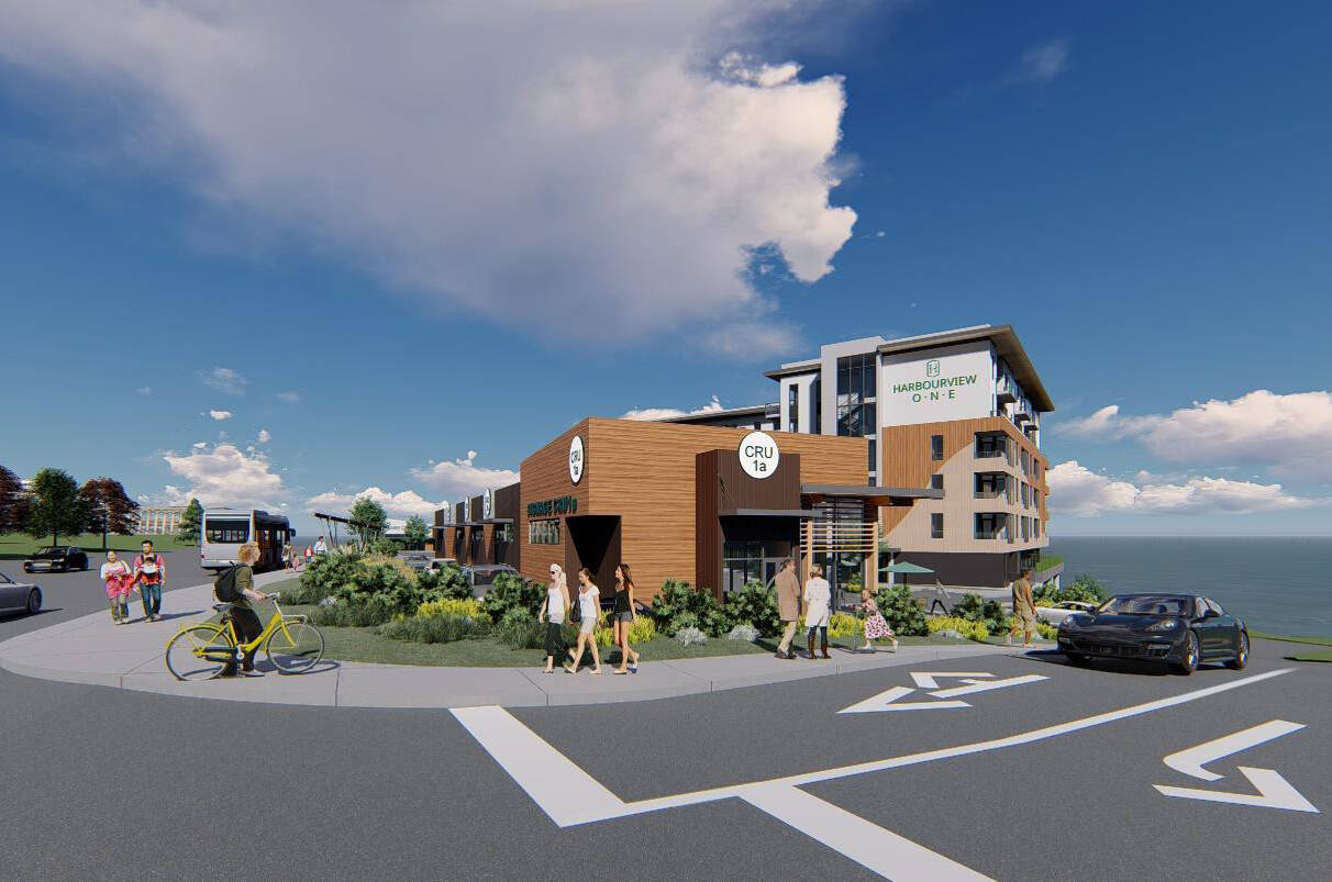 Seacliff Properties is proposing a development including 98 residential units and more than 16,000 square feet of commercial space at the Harbourview site at the intersection of Goodmere and Sooke roads. (Courtesy of Seacliff Properties)