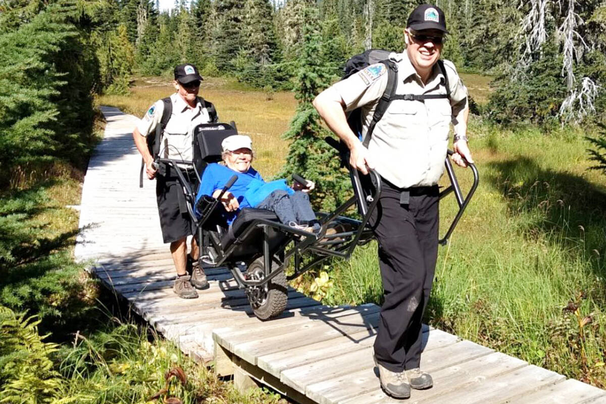 The Strathcona Wilderness Institute will be hosting three TrailRider and Accessibility Days, one each month (July 24, Aug. 20 and Sept. 25). The TrailRider is a reclined wheelchair that is maneuvered by two volunteers (“Sherpas”) along the trails and boardwalks in the park. Photo contributed