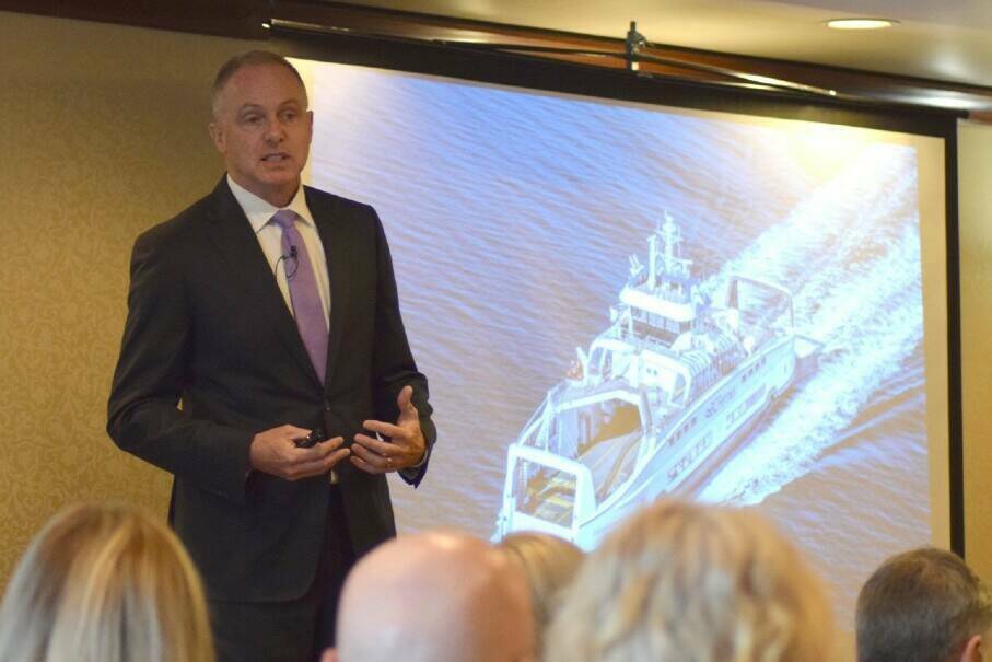B.C. Ferries CEO Mark Collins addresses business leaders, politicians and military personnel invited to the Greater Victoria Chamber of Commerce’s business leader luncheon this past spring. (Black Press Media file photo)