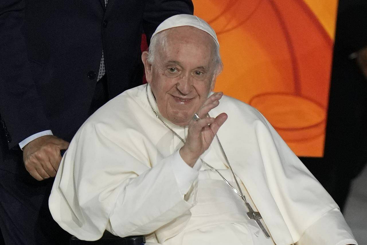 Pope Francis arrives in the Paul VI Hall at the Vatican, on June 22, 2022. The Pope has left Rome to begin his visit to Canada aimed at reconciliation with Indigenous people for the Catholic Church’s role in residential schools. THE CANADIAN PRESS/AP-Andrew Medichini