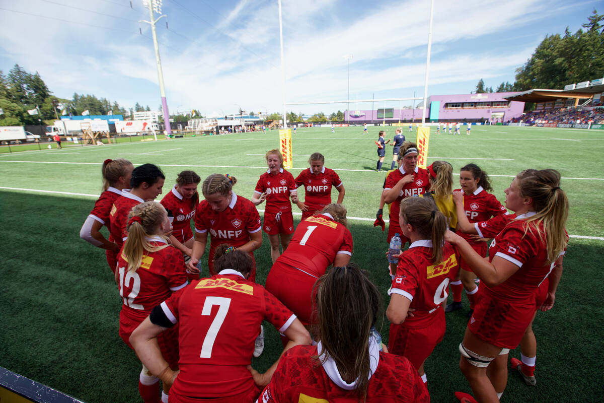 Canada huddles up after Italy scores a try at Starlight Stadium on July 24. (Justin Samanski-Langille/News Staff)