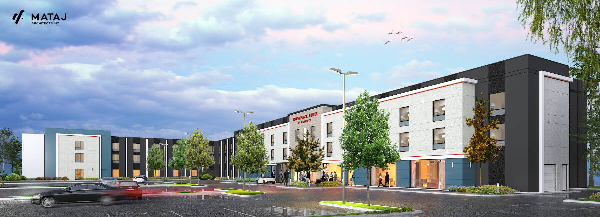 Rendering of the TownePlace Suites by Marriott hotel proposed for Victoria International Airport lands at the corner of Beacon Avenue West and Stirling Way near the Pat Bay Highway. (Courtesy Kothari Group)