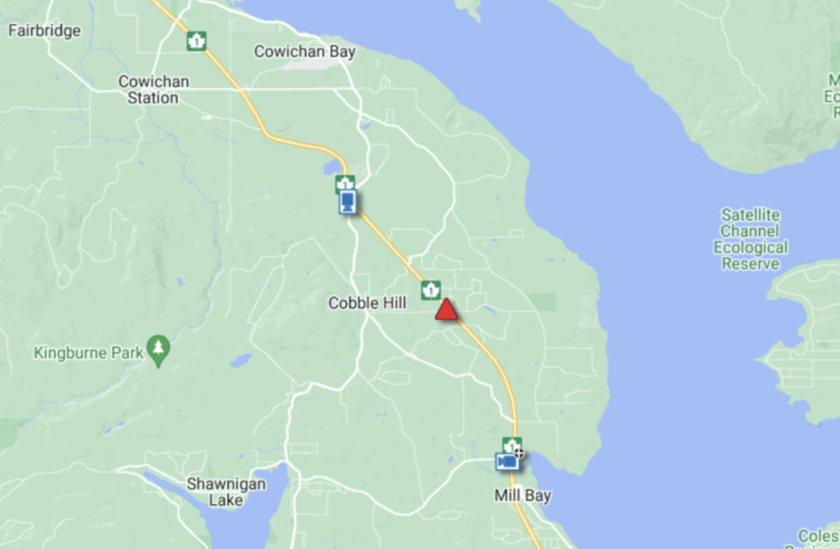A crash has closed the Trans-Canada Highway southbound lanes near Cobble Hill Tuesday afternoon. (Screenshot)