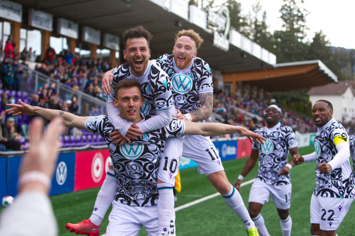Pacific FC players celebrating a goal during their game against Forge FC on April 10. The game was the first-time they wore the alternate jersey. (Justin Samanski-Langille/News Staff)