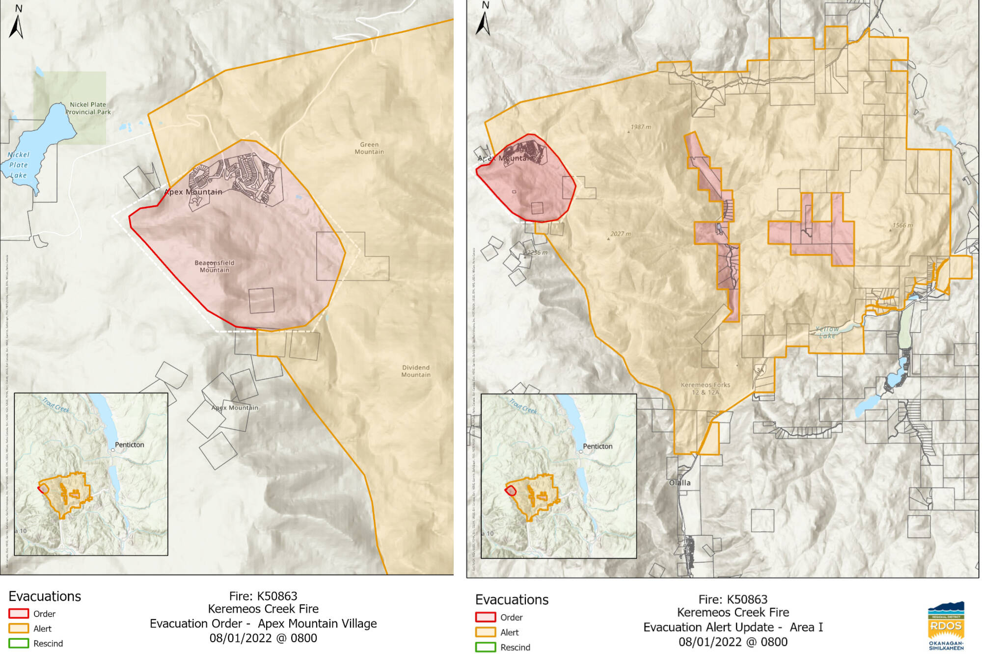 The current map of evacuation orders and alerts in the Regional District of Okanagan Similkameen for the Keremeos Creek wildfire. (RDOS)