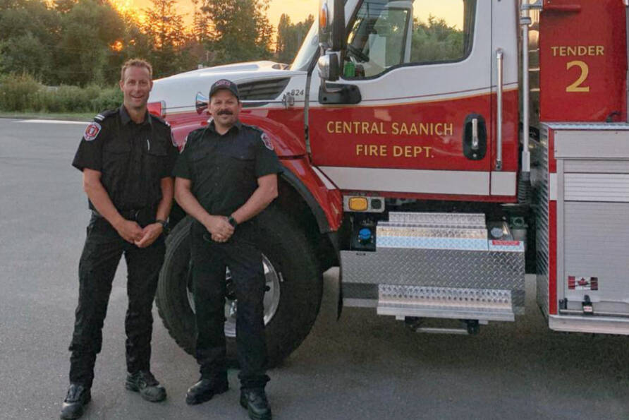 Central Saanich Fire Department’s Capt. Brennan Gummer and firefighter Ryan Vantreight were deployed on Monday, Aug. 1, with the department’s new tender truck to assist BC Wildfire Service efforts in the Okanagan. (Central Saanich Volunteer Firefighters Association/Facebook)