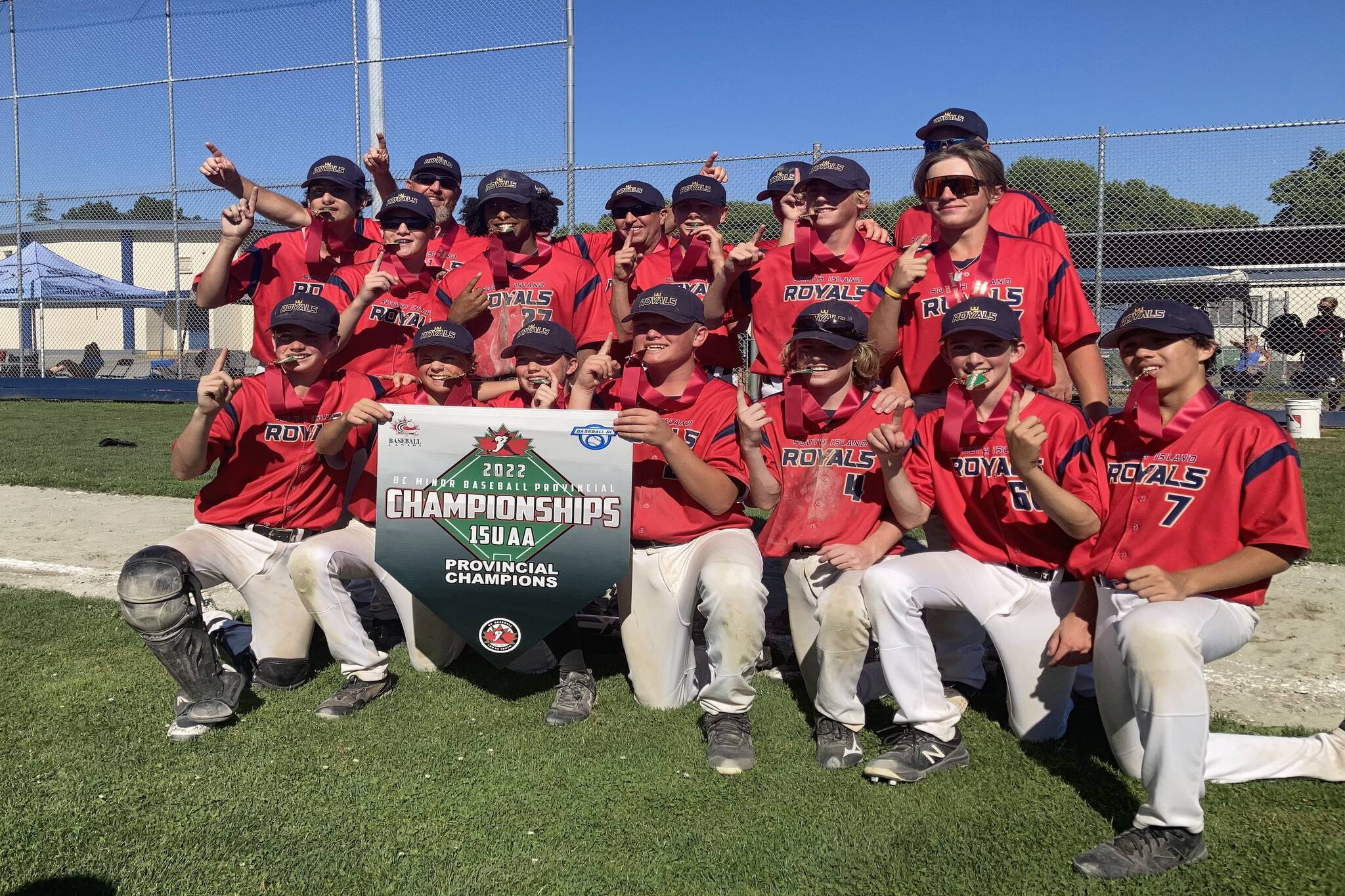 Members of the 15U AA Carnarvon/Gordon Head South Island Royals baseball team celebrate their win at the provincial championships last month in Richmond. The squad heads to Saskatchewan for the Western Canadian Championships, Aug. 19 to 21. (Photo courtesy Darrel Richardson)