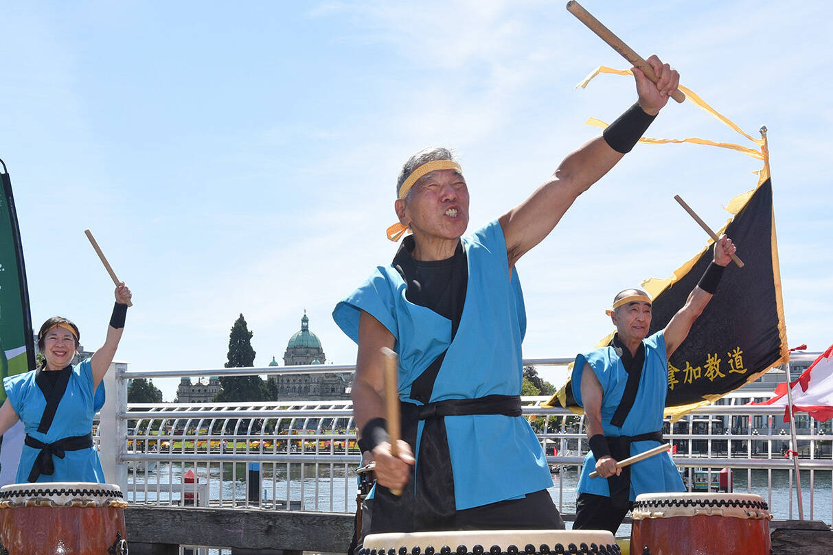 Drummers perform during the traditional eye dotting ceremony to start the annual Victoria Dragon Boat Festival at Ship Point in 2016. The event returns to the Inner Harbour this weekend. (Black Press Media file photo)
