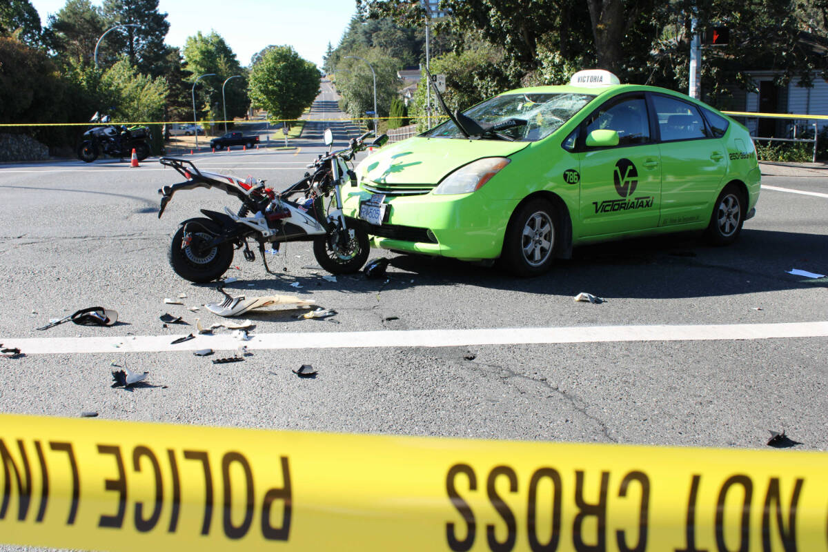 Victoria police are seeking witnesses and video footage of a crash at Cook and Finlayson streets that sent one driver to hospital with potentially life-threatening injuries. (Jake Romphf/News Staff)