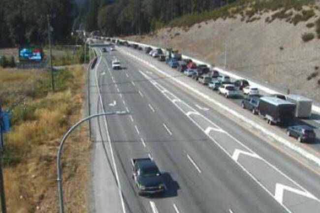 Traffic on the Trans-Canada Highway is backed up to Spencer Road in Langford. (DriveBC traffic camera)