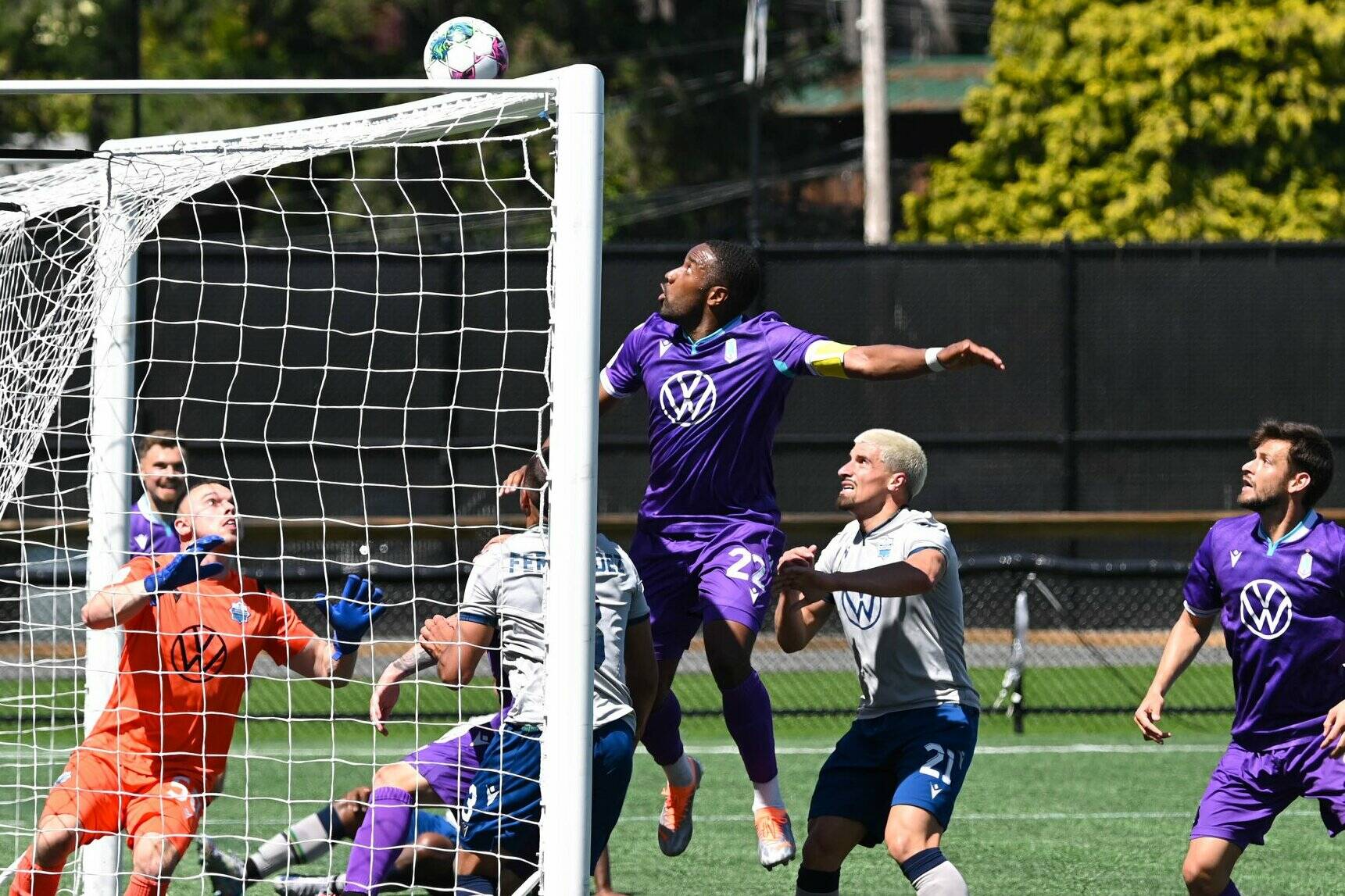 Halifax has become somewhat of a bogey team for Pacific FC, with PFC losing two and winning one this season. Pictured Marco Bustos and Jamar Dixon try and head the ball home against Halifax Wanderers in Canadian Premier League action on June 25 at Starlight Stadium in Langford. (Simon Fearn/Black Press Media)