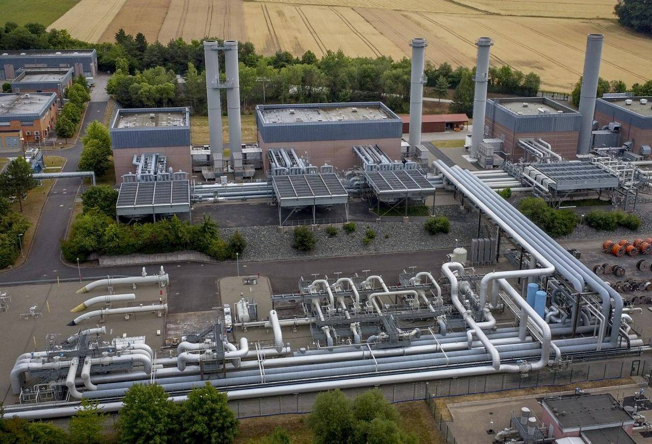 FILE - The gas storage plant Reckrod is pictured near Eiterfeld, central Germany, on July 14, 2022, after the Nord Stream 1 pipeline was shut down due to maintenance. The euro has fallen below parity with the dollar, diving to its lowest level in 20 years and ending a one-to-one exchange rate with the U.S. currency. The euro is falling as fears of a recession grow due to Russia restricting natural gas supplies. (AP Photo/Michael Probst)