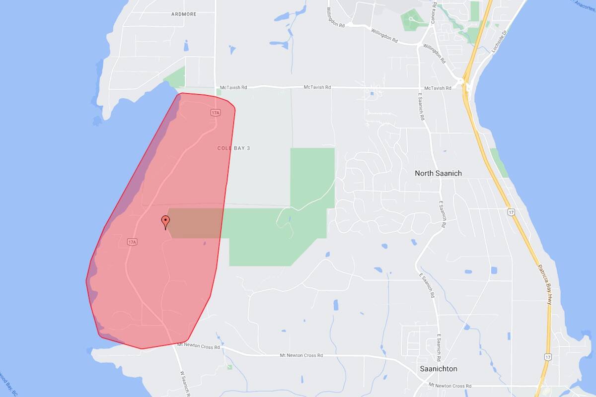 An outage in North Saanich was caused by a vehicle crash around 10:30 p.m. on Aug. 24. (Courtesy of BC Hydro)