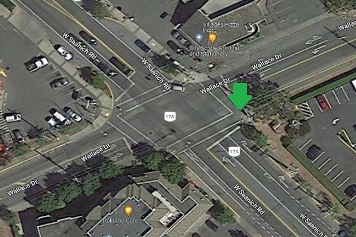 A pickup truck turned right and failed to yield to a pedestrian at the intersection of Wallace Drive and West Saanich Road around 12:20 p.m. on Aug. 24. (Courtesy of Central Saanich Police Service)