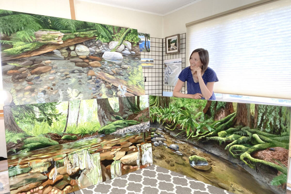 Kelly Corbett with some of her artwork for ‘The Tale of One Urban Creek’, on display at the McMillan Arts Centre (133 McMillan St) in Parksville. (Submitted photo)